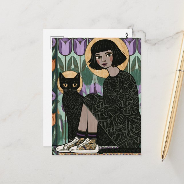 Cartão Postal Mulher fofa sentada com seu gato  (Frente/Verso In Situ)
