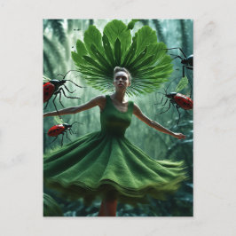 Cartão Postal Mulher girando em um vestido feito de inseto veget