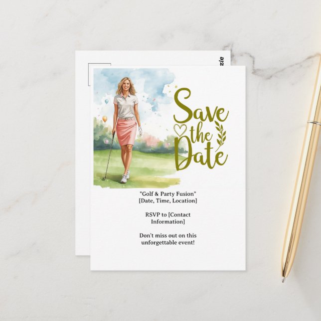 Cartão Postal Mulher golfista está jogando golfe no green (Frente/Verso In Situ)