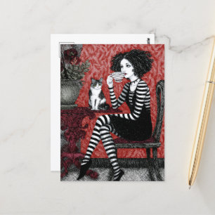 Cartão Postal Mulher gosta de café com gato