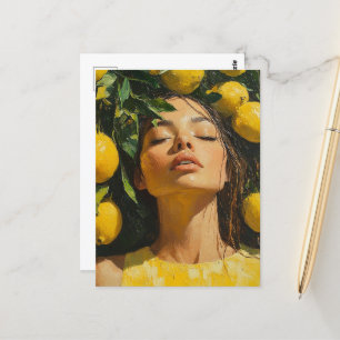 Cartão Postal Mulher gosta de sol nas árvores de limão