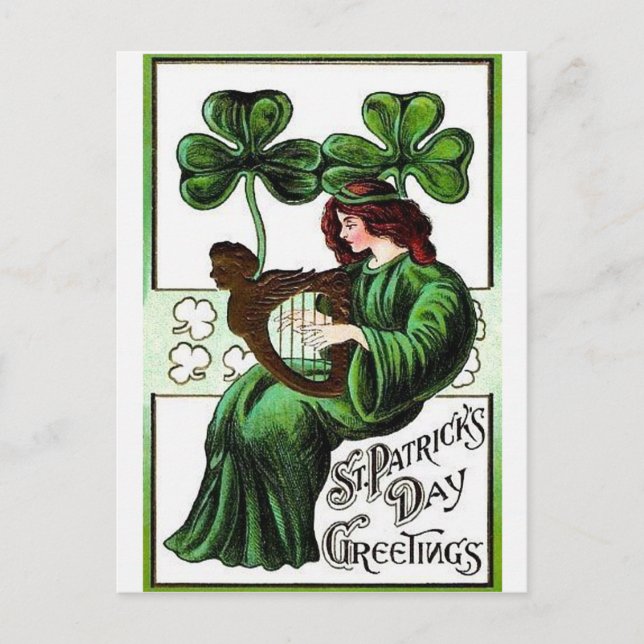 Cartão Postal Mulher Harpa de Erin Shamrock, Dia de São Patrício (Frente)