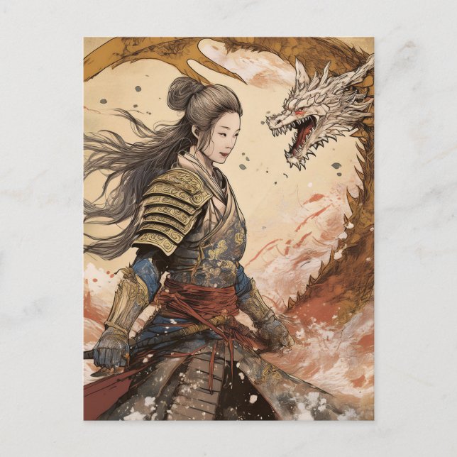 Cartão Postal Mulher IA samurai e dragão (Frente)