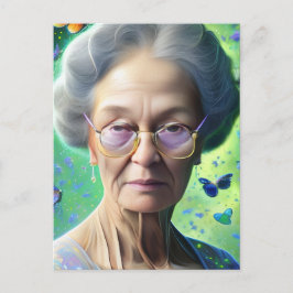 Cartão Postal Mulher Idosa Com Borboletas