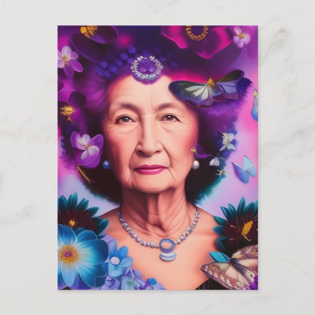Cartão Postal Mulher idosa com borboletas e flores (Frente)