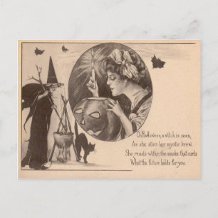 Cartão Postal Mulher Jack O' Lantern Bruxa Gato Preto