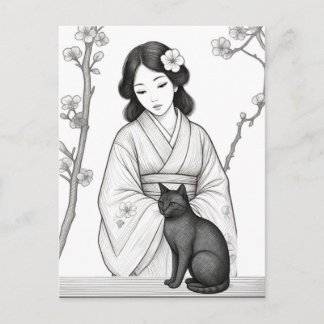 Cartão Postal Mulher Japonesa com Gato Preto