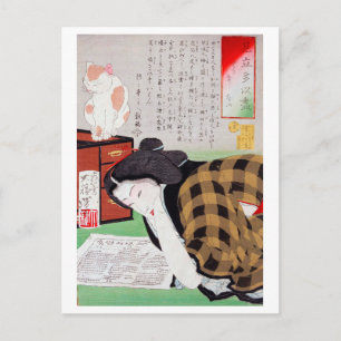 Cartão Postal Mulher japonesa com gato, Tsukioka Yoshitoshi