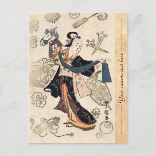 Cartão Postal Mulher japonesa e marionete clássica ukiyo-e