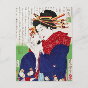 Cartão Postal Mulher Japonesa Segurando um Gato, Tsukioka Yoshit
