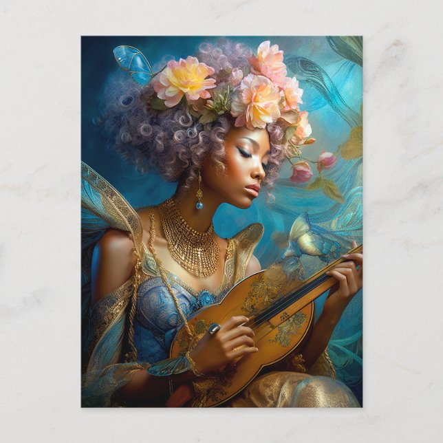 Cartão Postal Mulher Jogando Lute African American Fantasy Art (Frente)