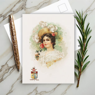 Cartão Postal Mulher jovem com Rosas Rosa