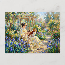 Cartão Postal Mulher Lendo no Jardim com Cavalier Spaniel