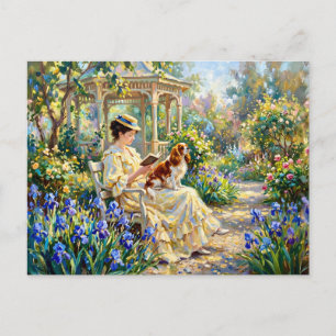 Cartão Postal Mulher Lendo no Jardim com Cavalier Spaniel