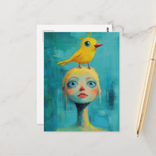 Cartão Postal Mulher Loira Caprichosa com pássaro amarelo na cab