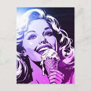 Cartão Postal Mulher Loira Sorvete Roxo Magenta Azul Preto