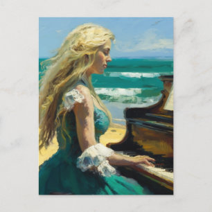 Cartão Postal Mulher loira tocando piano na praia