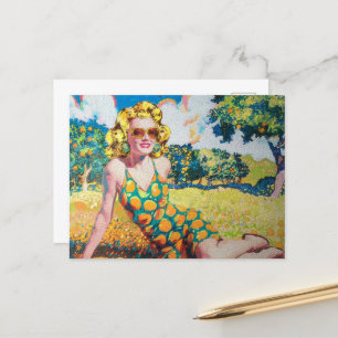 Cartão Postal Mulher loura em uma gruta laranja