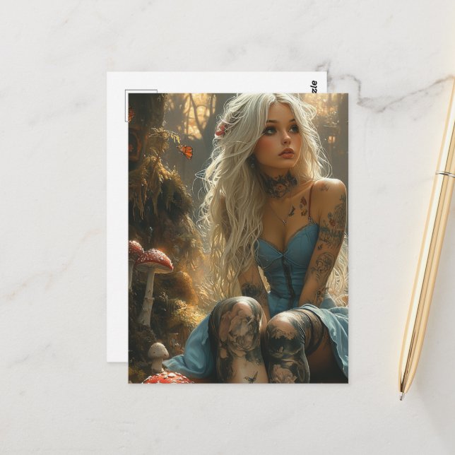 Cartão Postal Mulher loura na floresta de cogumelos (Frente/Verso In Situ)