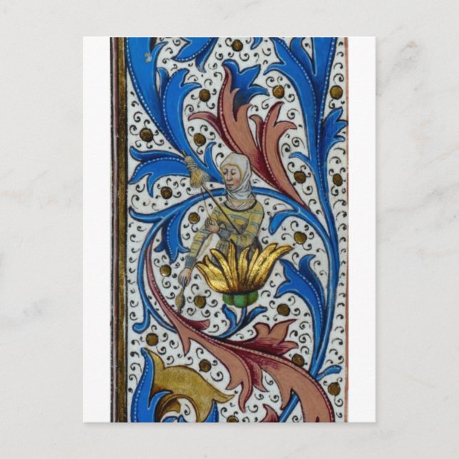 Cartão Postal Mulher medieval a girar com fuso e afuso (Frente)