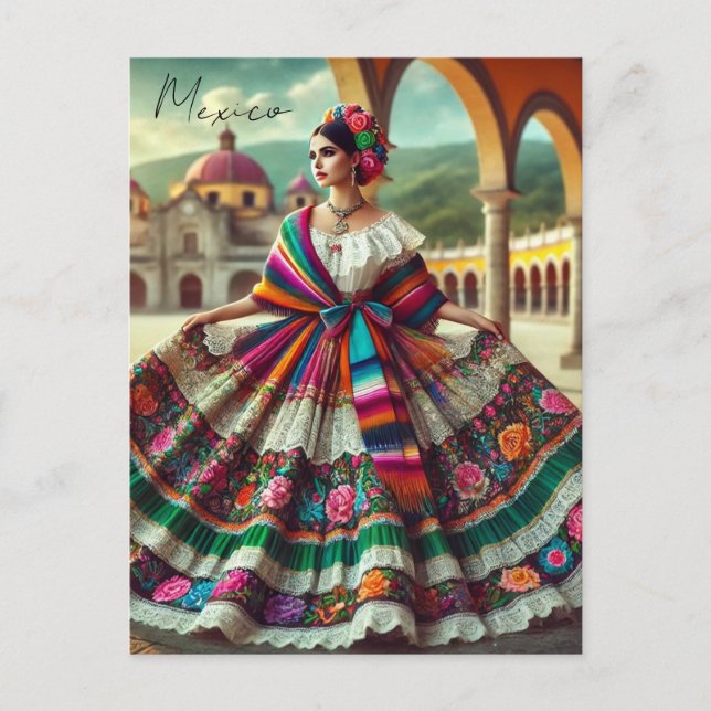 Cartão Postal Mulher mexicana de vestido tradicional (Frente)