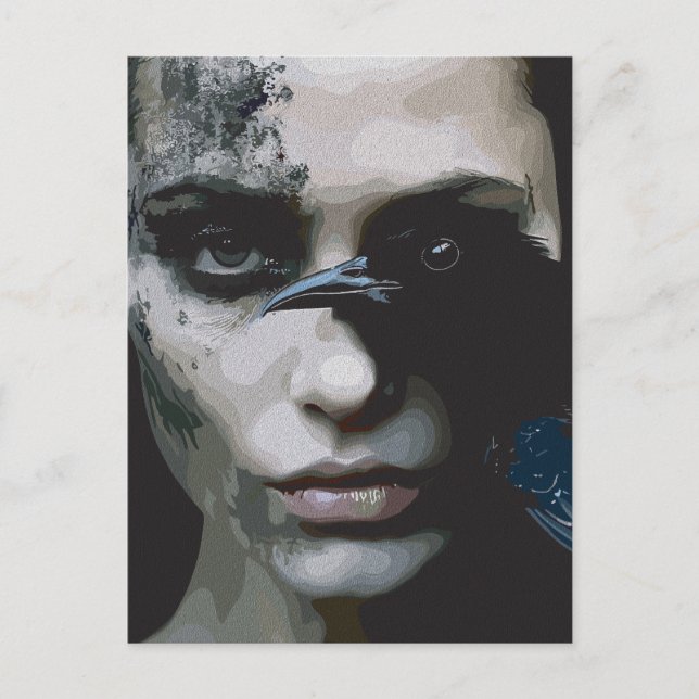 Cartão Postal Mulher misteriosa com Raven (Frente)