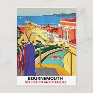 Cartão Postal Mulher na costa de Bournemouth, Inglaterra, colhei