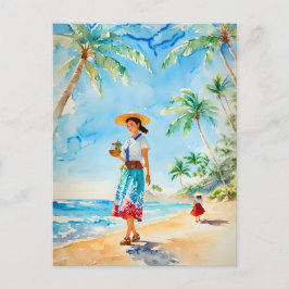 Cartão Postal Mulher na pintura Hawaii Beach Watercolor, Vintage