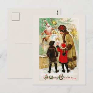 Cartão Postal Mulher Natalícia Antiga & crianças fazendo compras