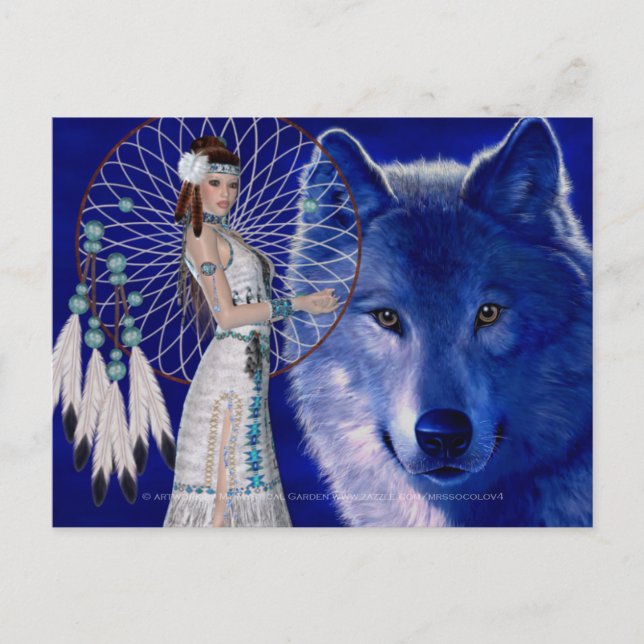 Cartão Postal Mulher Nativa Americana & Desenho de Lobo Azul 2 (Frente)
