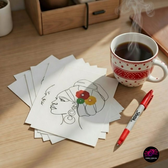 Cartão Postal Mulher Negra Arte em Linha Turbante Flores (Message ready. Pride attached.)