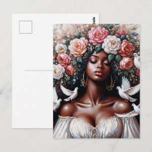 Cartão Postal Mulher Negra Com Arte Floral de Pombas