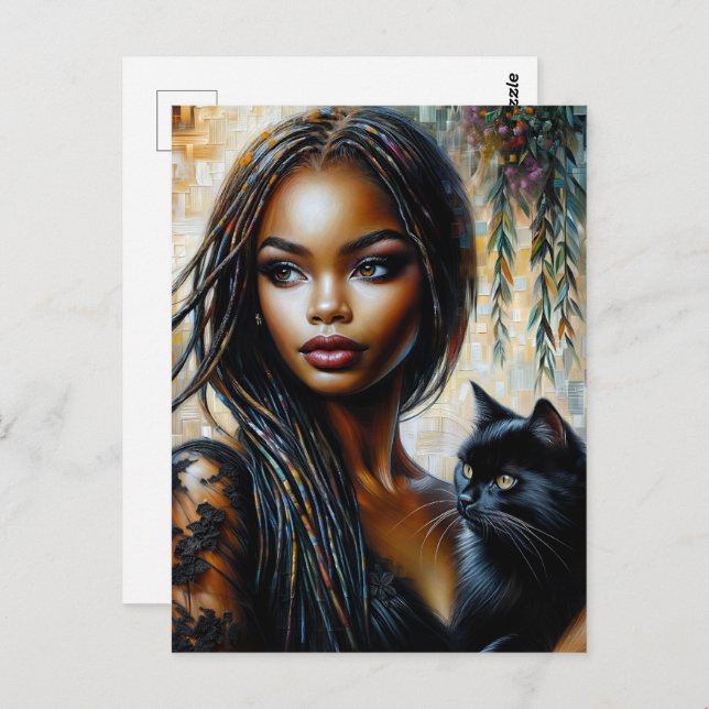 Cartão Postal Mulher Negra Com Arte Negra De Gato (Frente/Verso)
