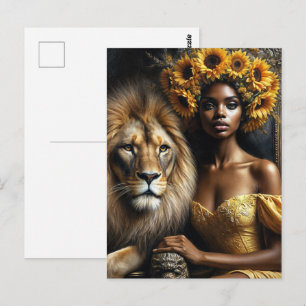 Cartão Postal Mulher Negra Com Leão Sunflower Leão