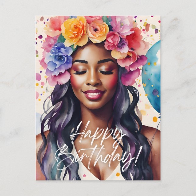 Cartão Postal Mulher Negra Feliz Aniversário Multicolor (Frente)