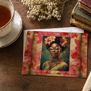 Cartão Postal Mulher Negra Inspiradora Retrato Floral Vintage