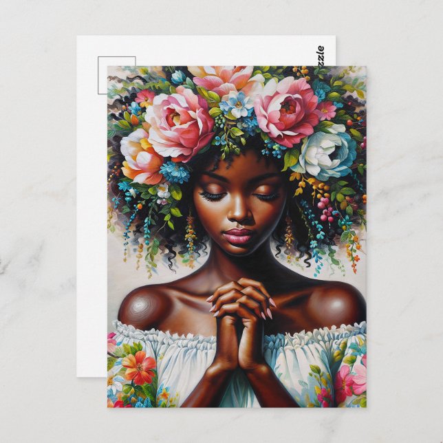 Cartão Postal Mulher Negra Rezando Arte Floral Colorida (Frente/Verso)