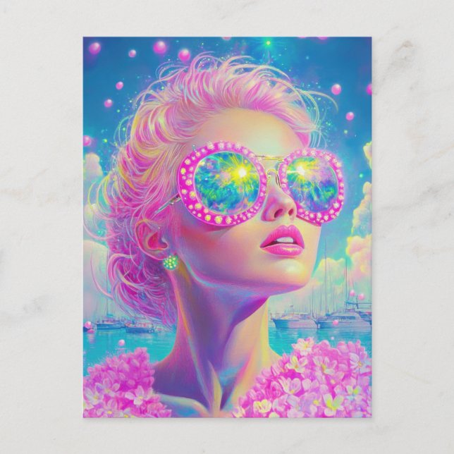 Cartão Postal Mulher Neon Glamorosa com Óculos Espumantes (Frente)