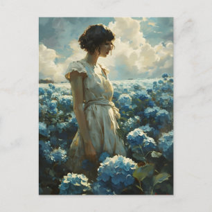 Cartão Postal Mulher no Campo de Hydrangea Azul: Bela Vintage