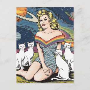 Cartão Postal Mulher no espaço com gatos brancos