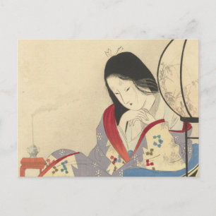 Cartão Postal Mulher no interior por uma lâmpada 1890-1908
