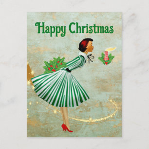 Cartão Postal Mulher no Natal vintage de 1950