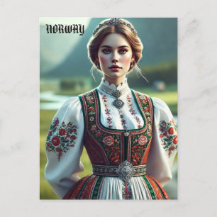 Cartão Postal Mulher norueguesa em trajes tradicionais de Bunad