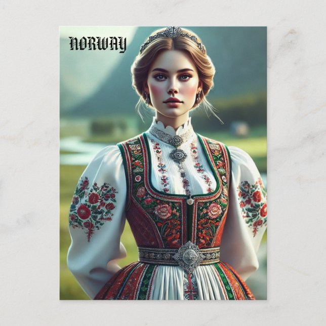 Cartão Postal Mulher norueguesa em trajes tradicionais de Bunad (Frente)