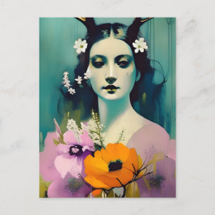 Cartão Postal Mulher Pagã Pintando Flores Laranja Rosa