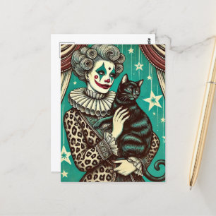 Cartão Postal Mulher-Palhaçada e gato-preto