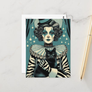 Cartão Postal Mulher-Palhaçada e gato-preto