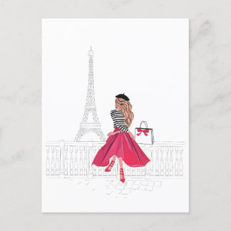 Cartão Postal Mulher parisiense pela Torre Eiffel