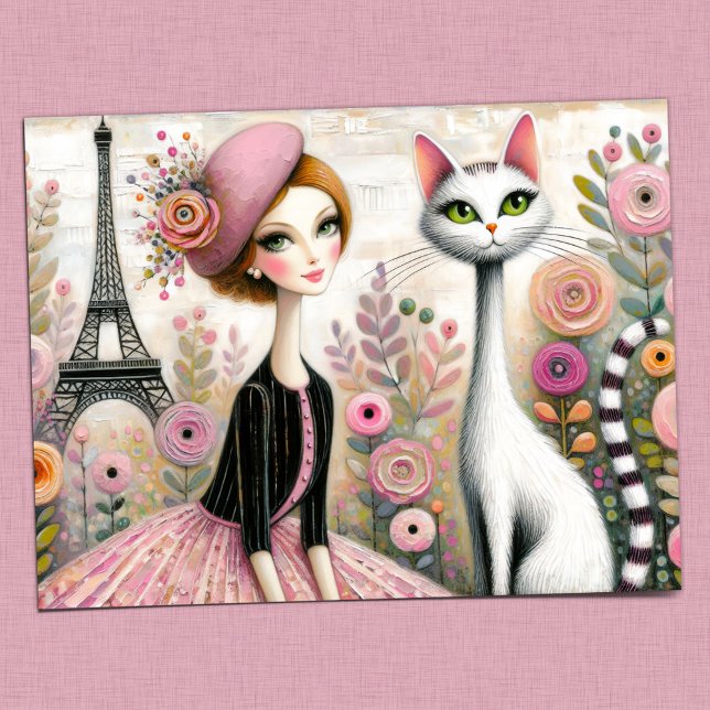 Cartão Postal Mulher Parisiense Whimsso com Gato Branco Gritante (Criador carregado)
