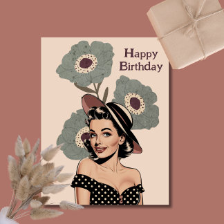 Cartão Postal Mulher pinup retrô dos anos 50 & flores, Aniversár